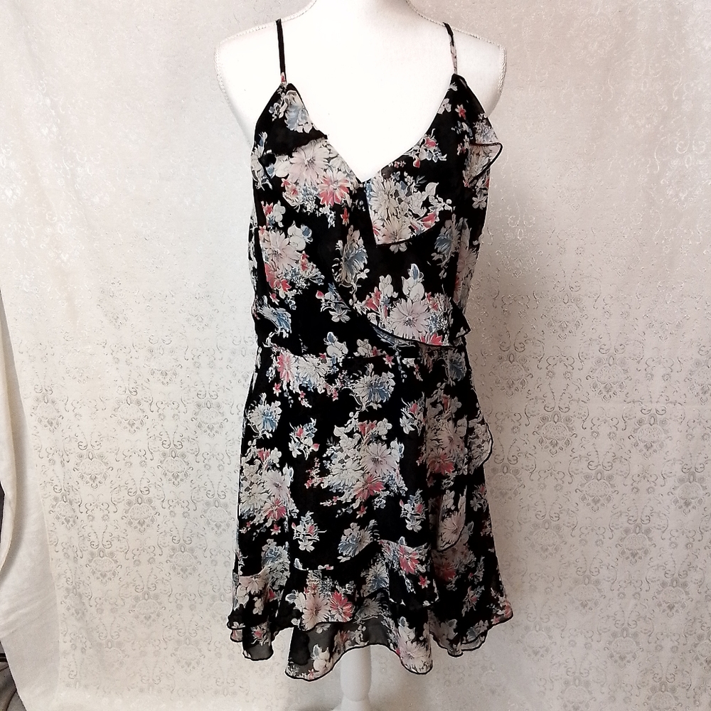 Miami black sheer with pastel flowers and ruffles sundress L